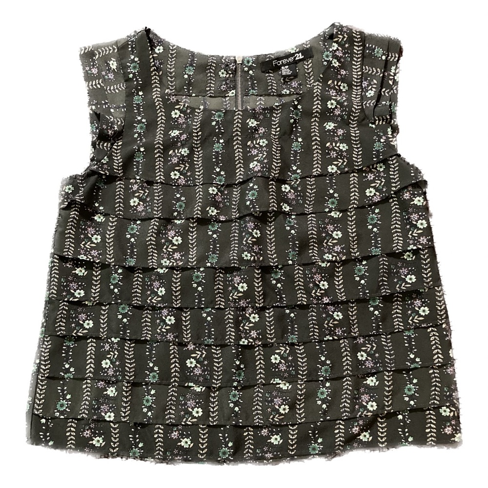 Forever 21 Blouse sleeveless charcoal gray green floral stripe size Small zipper